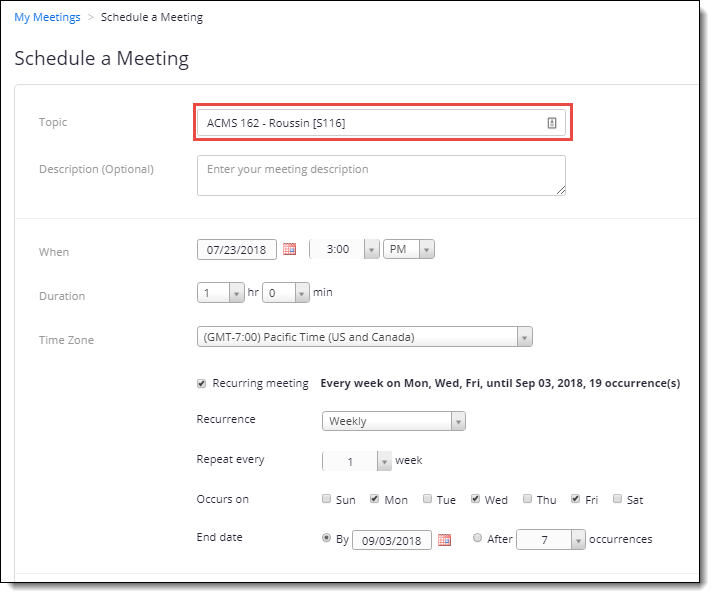 Zoom Meeting Options