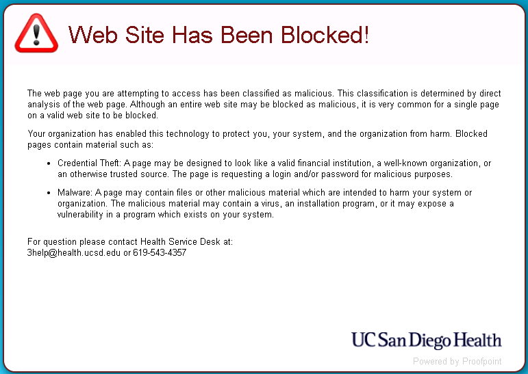 UC San Diego Health Website Blocked Warning Sign