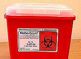 Sharps box with biohazard symbol