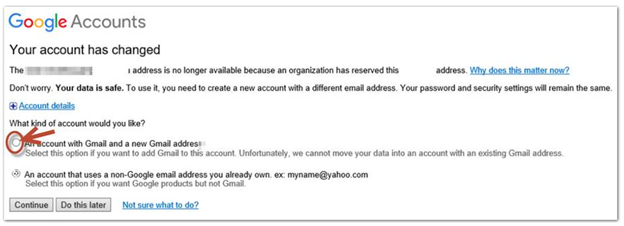 Screenshot of account conflict email