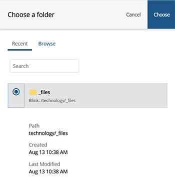 Screen shot of chooser pop-up window, to choose file location folder