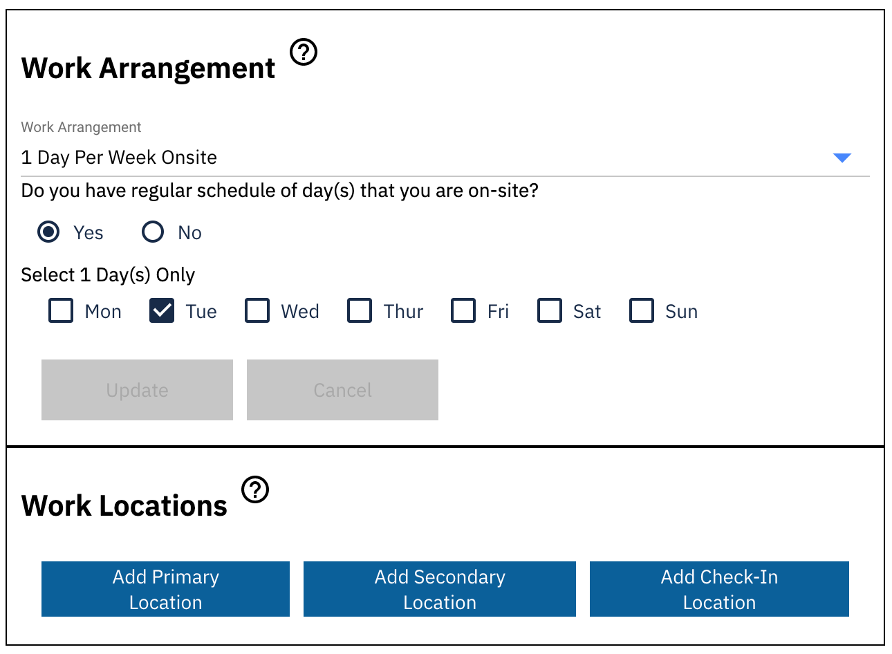 Work location section and buttons to "add primary location," "add secondary location" or "add check-in location"