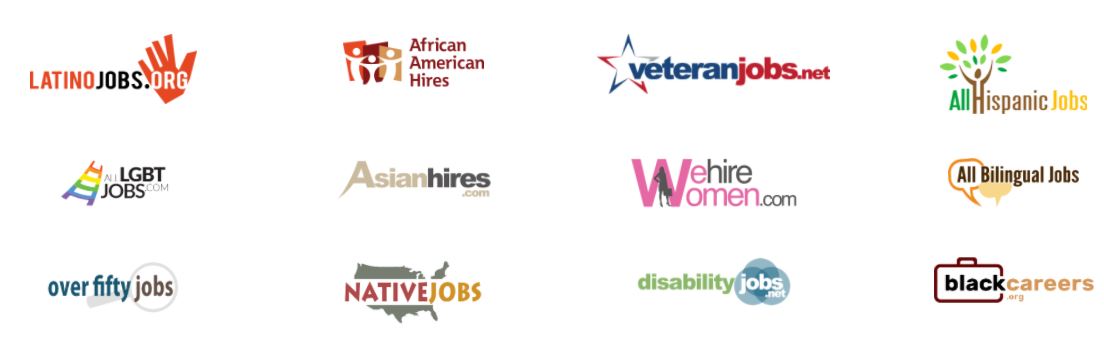 Logos for LatinoJobs.org, African American Hires, veteranjobs.net, All Hispanic Jobs, All LGBT Job, Asian Hires, We Hire Women, All Bilingual Jobs, Over Fifty Jobs, Native Jobs, Disability Jobs, Black Careers