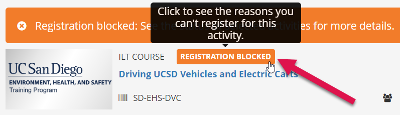 Registration blocked message in the UC Learning Center