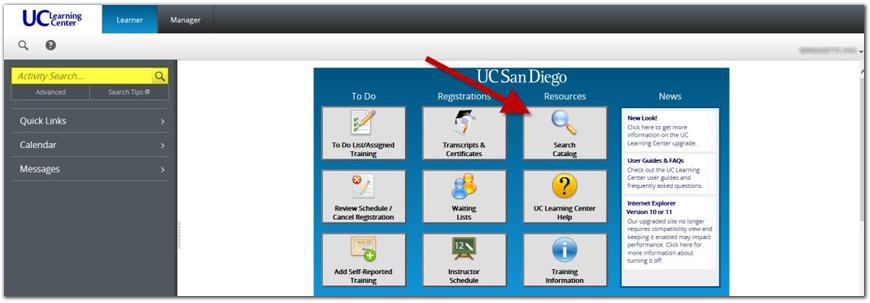 UC Learning Center Search Catalog Screenshot