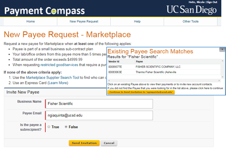 payment compass new payee request
