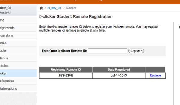 iClicker remote registration in Canvas