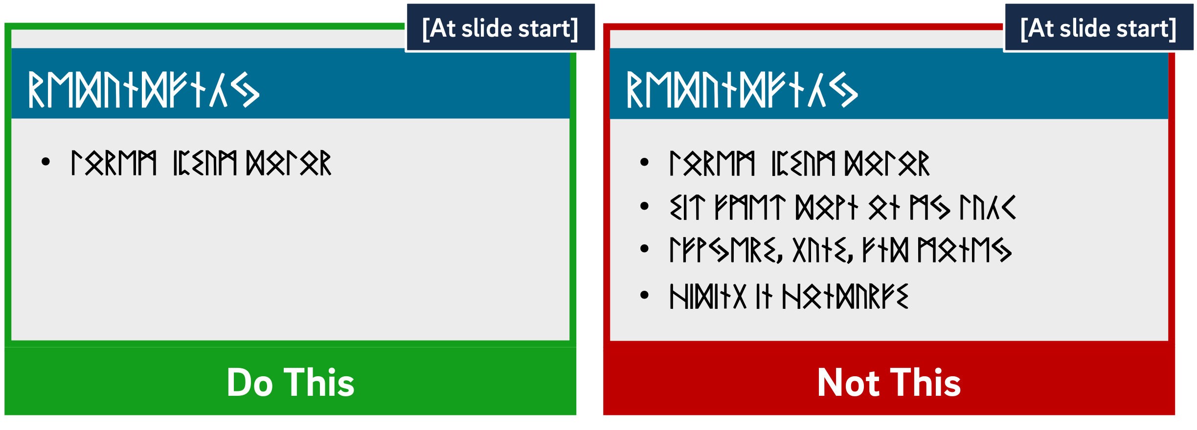 A slide with one bullet labeled "at slide start" and "do this"; a slide with 4 bullets on it labeled "at slide start" and "not this."