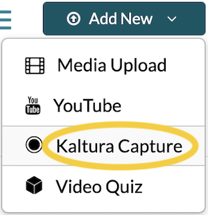 A screenshot of the "Kaltura Capture" menu item underneath "Add New" in Canvas