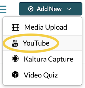 A screenshot of the "Add New" menu within "My Media," with "YouTube video" circled