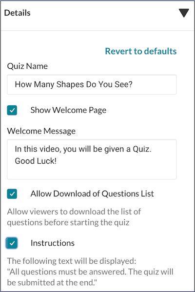 A screenshot of the "details" settings for a Kaltura in-video quiz.