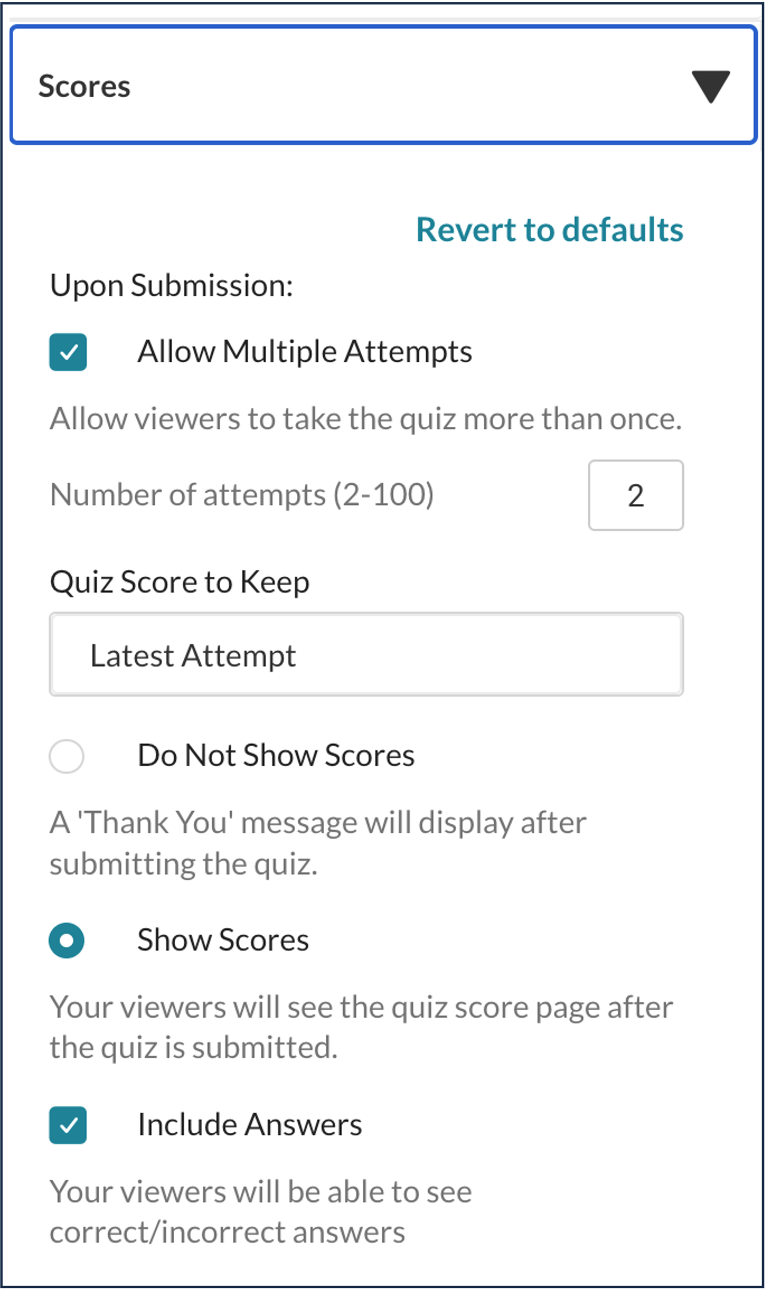 A screenshot of the "scores" section of IVQ configuration.