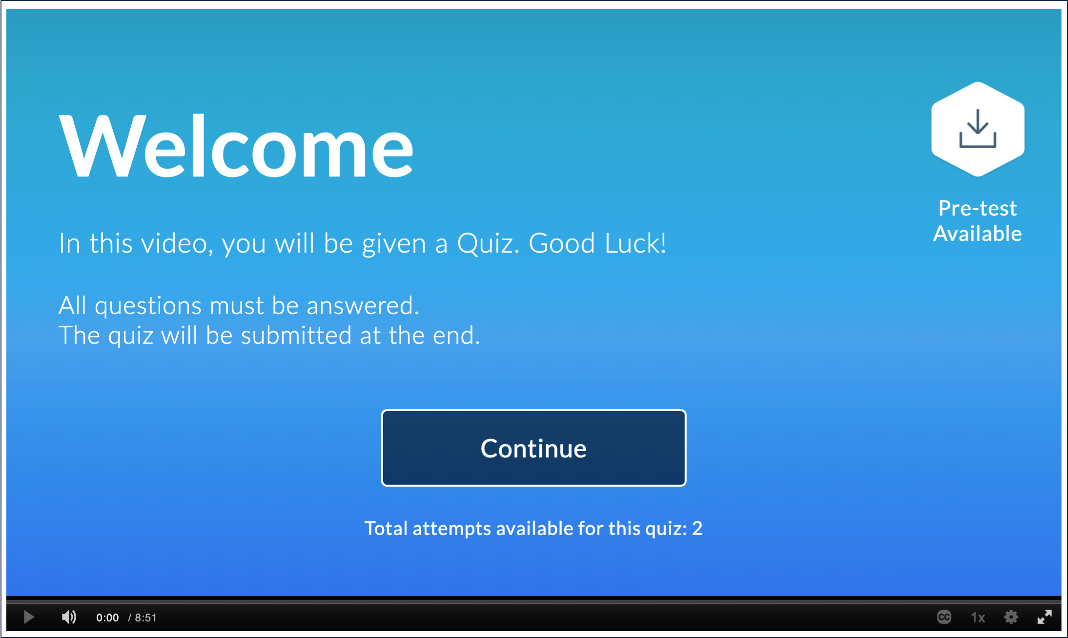 A screenshot of an in-video quiz welcome screen.