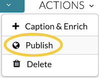A screenshot of the menu that appears when clicking "actions," with "publish" circled.