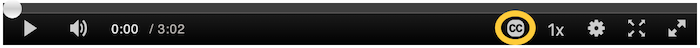 A screenshot of the video player's control bar, circling the "CC" icon.