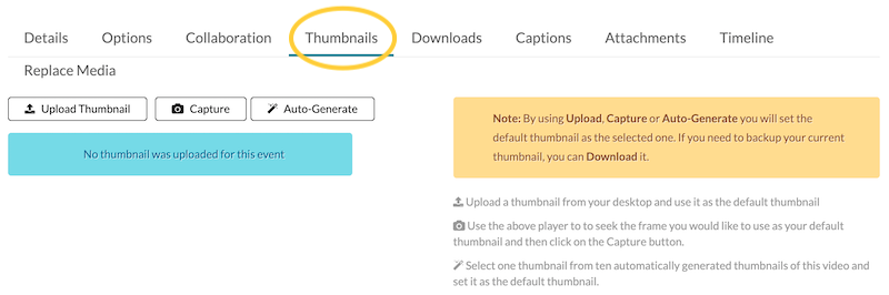 A screenshot of the "thumbnails" tab when editing a video's details, with the "thumbnails" tab circled.