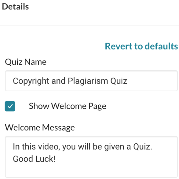 A screenshot of the quiz "details" settings.