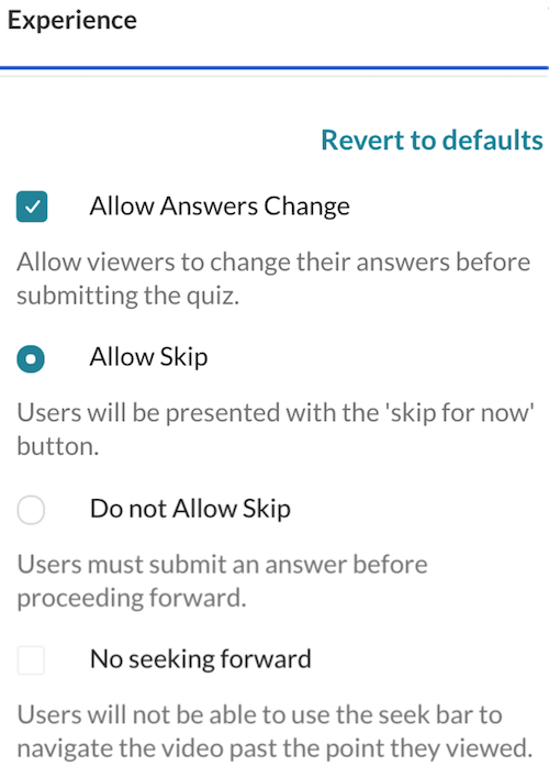 A screenshot of a quiz's "experience" settings. 