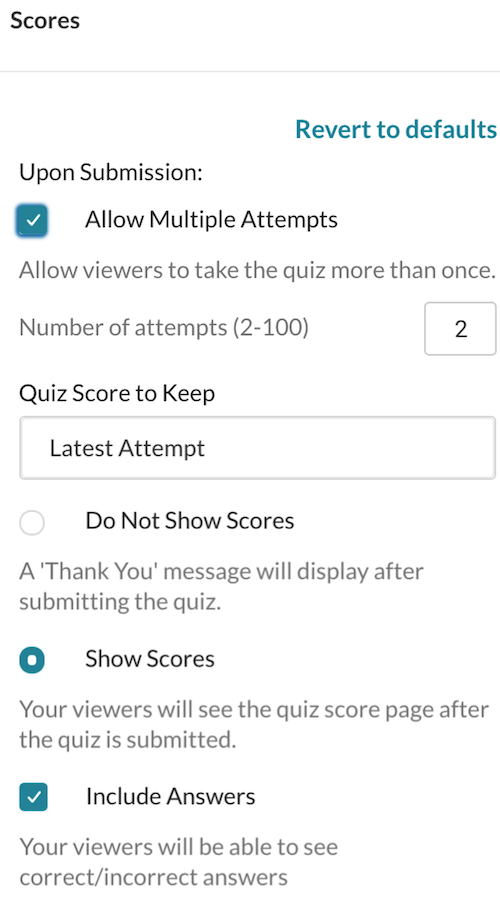A screenshot of a quiz's "scores" settings.