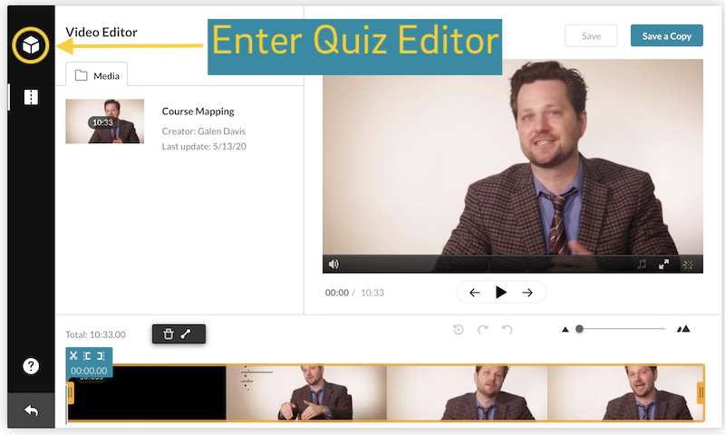A snapshot of the Kaltura video editor, with the quiz editor icon circled.