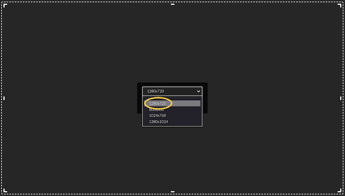 A screenshot of the "screen area" options when a screen area recording is selected in Kaltura Capture, with the "1280x720" option circled.