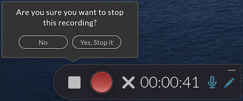 The active Kaltura Capture recorder showing a window asking the user if they want to stop the recording