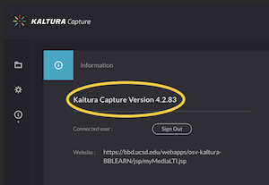 A screenshot of Kaltura Capture's "information" menu, with the version number circled.