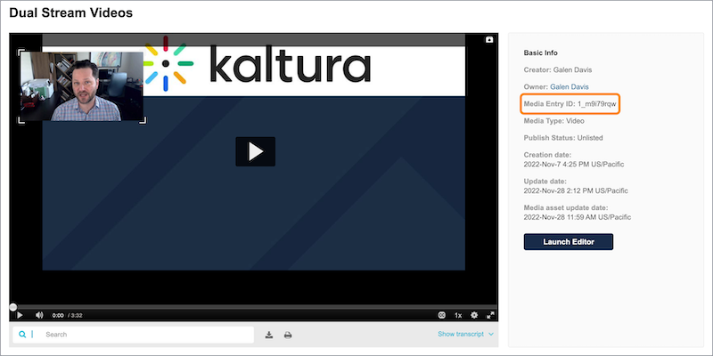 A screenshot of the Kaltura media player with the entry id circled next to it. 