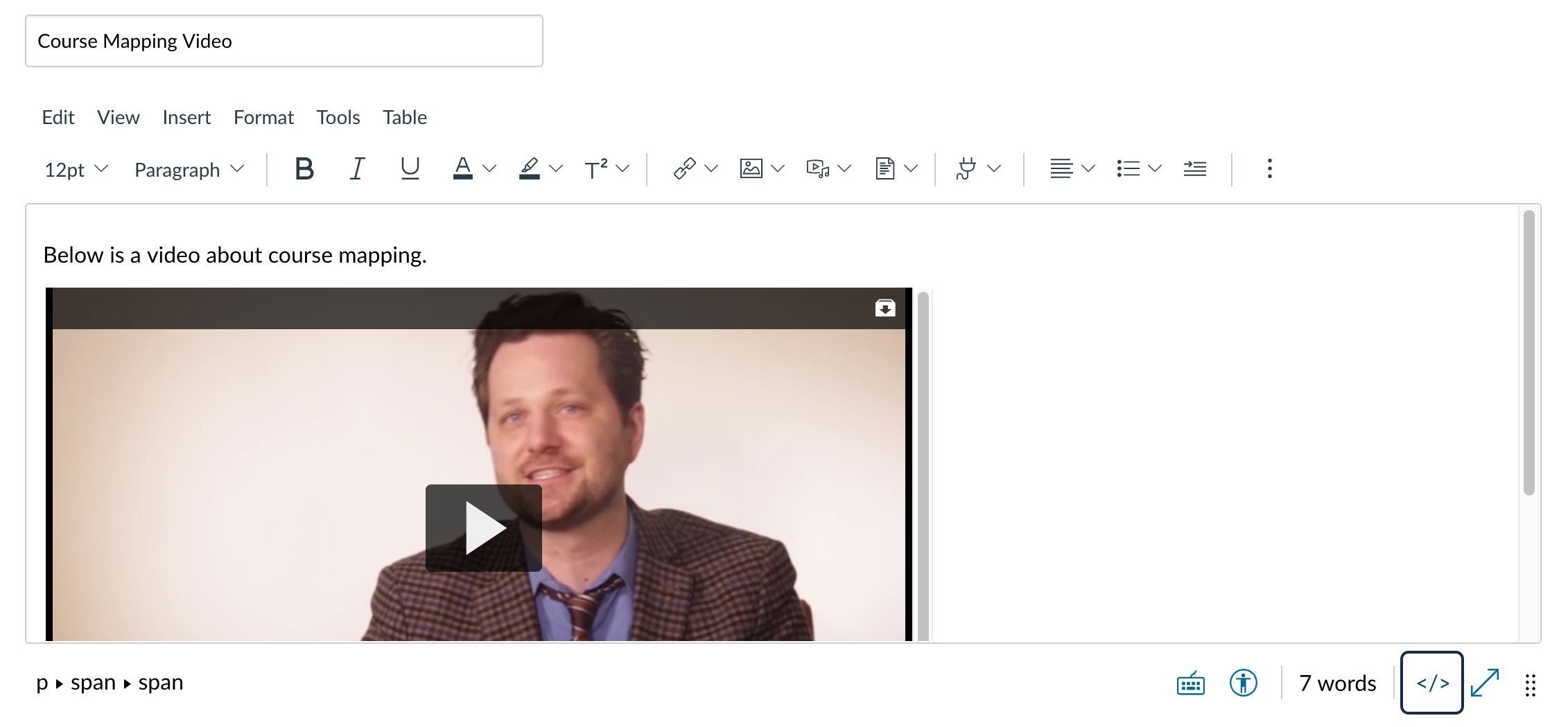 A screenshot of the rich content editor with an embedded video and text above it.