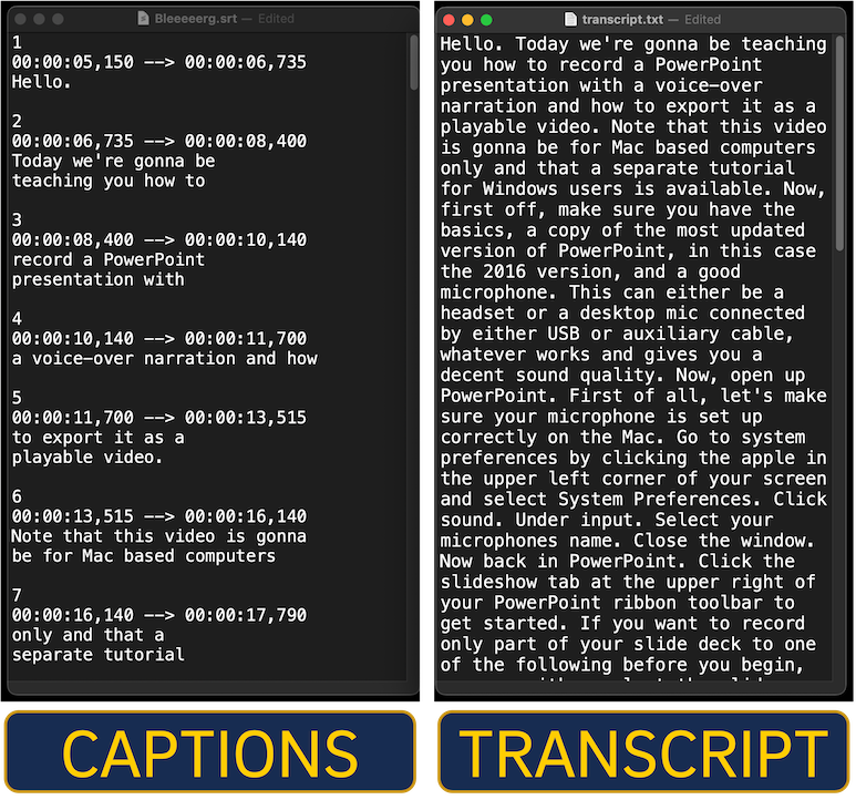 A visual comparison of a caption file and a transcript file.