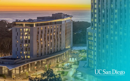UCSD building at sunset