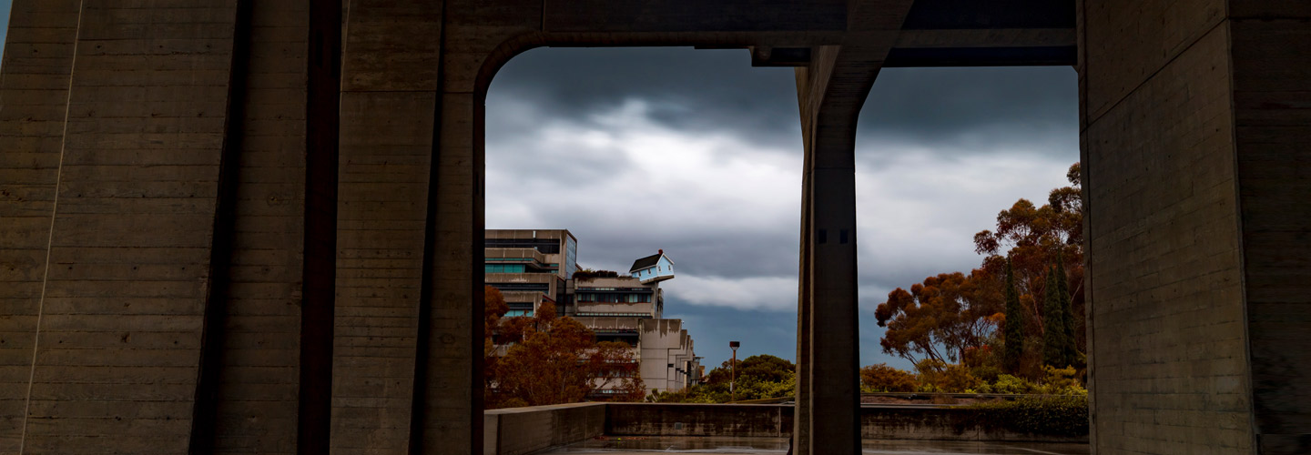 Looking through library arches at the Fallen Star house