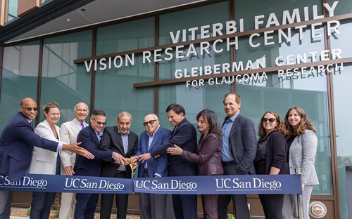 UC San Diego leaders, donors and friends came together to cut the ceremonial ribbon in celebration of the opening of the Viterbi Family Vision Research Center.