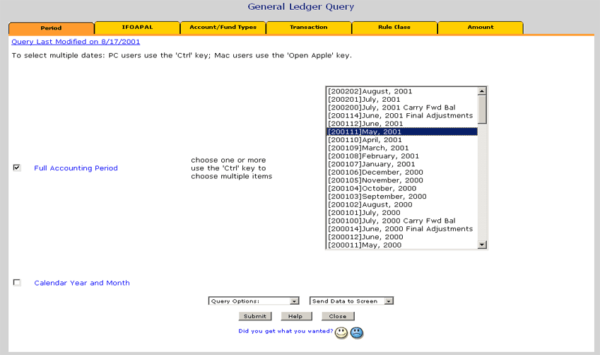 General ledger query screenshot