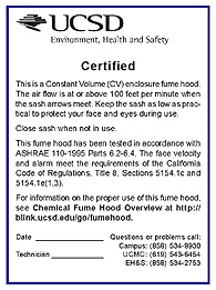 CV fume hood certification sticker