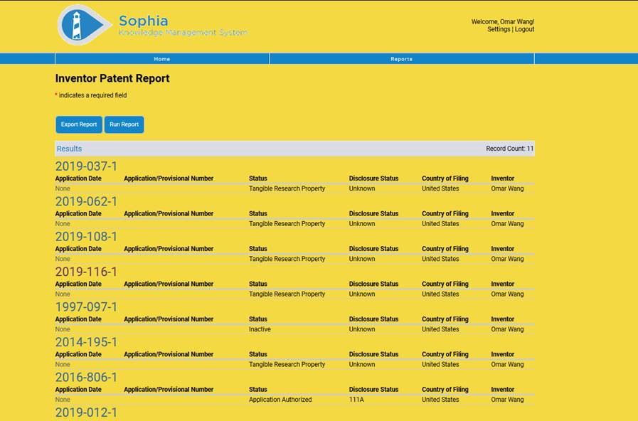 Sophia Inventor Dashboard Patent Report Output