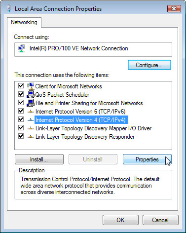 Local area connection properties Networking page