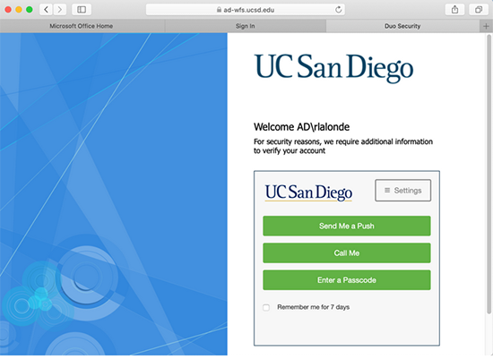 UC San Diego 2-factor login - Duo screen