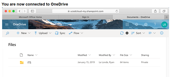 OneDrive successful login screen