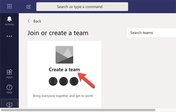 MS Teams screenshot - create a team