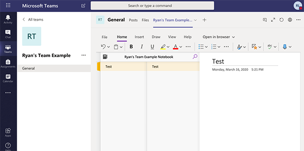 MS Teams screenshot - showing OneNote integrated with Team site