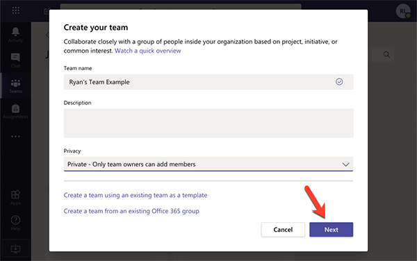 MS Teams screenshot - fill out team name and description, privacy settings