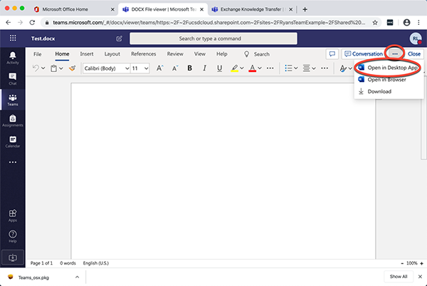 MS Teams screenshot - open doc in desktop app