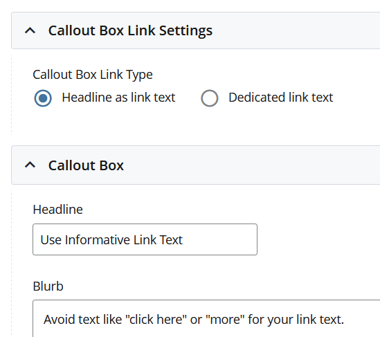 Screenshot of Callout Content Box link type selection