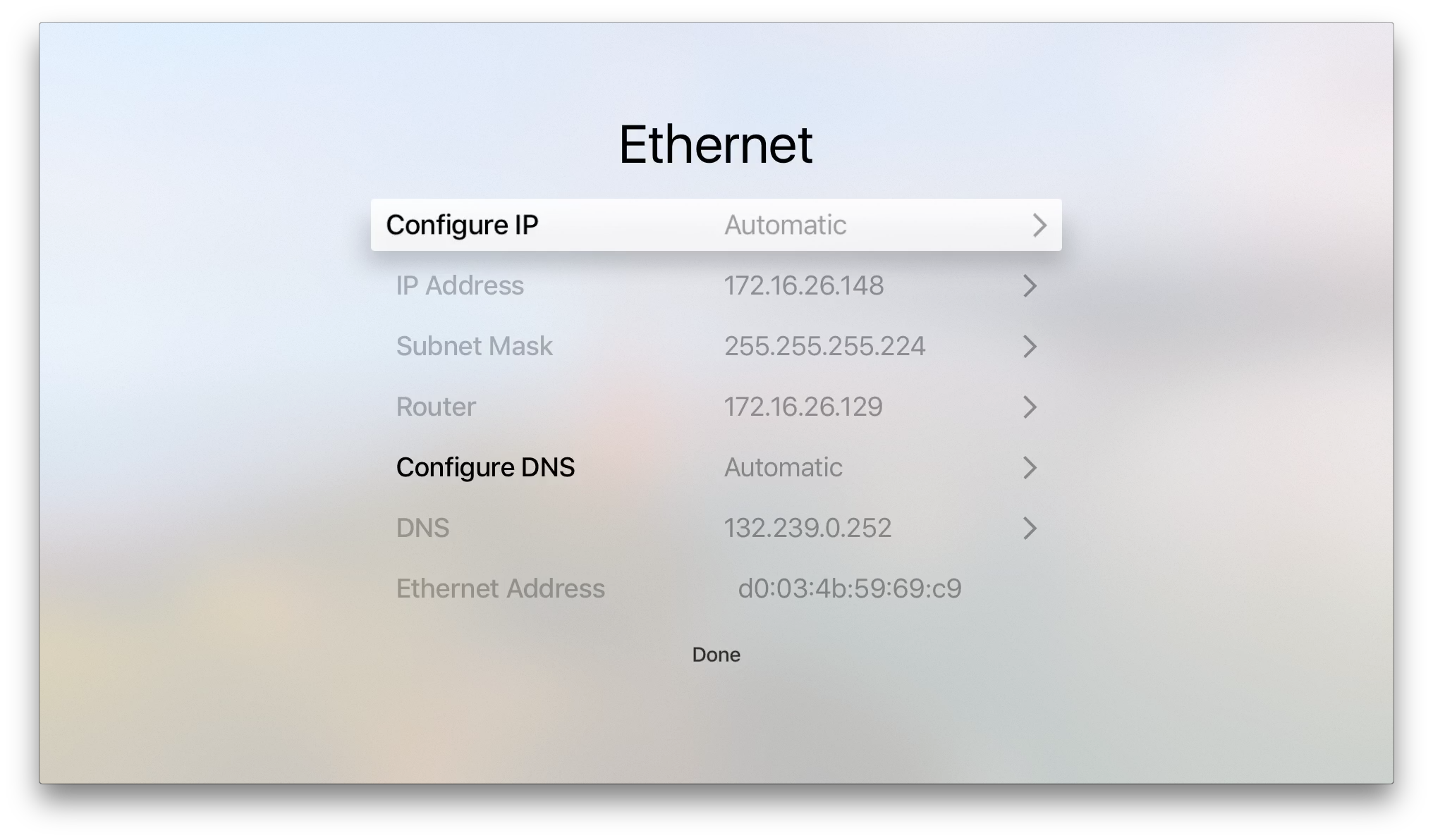Ethernet address displayed on Apple TV Gen 4 setup