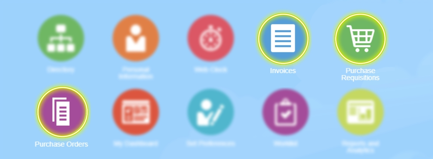 screenshot of the oracle dashboard with invoice, purchase requisition, and invoice icons highlighted