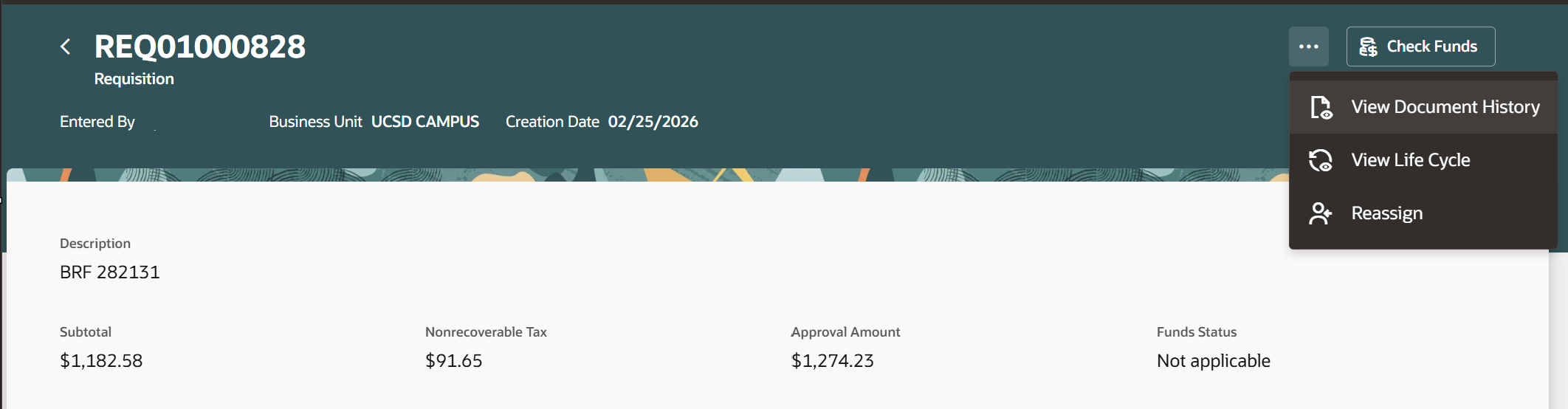 When you're viewing someone else's requisition the default action is now check funds