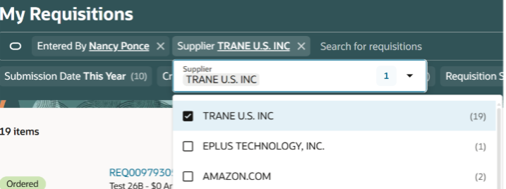 Screenshot of the "My Requisitions" interface showing a dropdown search filter with checkboxes. The checkbox for "TRANE U.S. INC" is selected, with unselected checkboxes for "EPLUS TECHNOLOGY, INC." and "AMAZON.COM" visible below it, demonstrating the new multi-select filter capability.