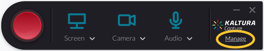 The Kaltura Capture application window, with "Manage" circled.