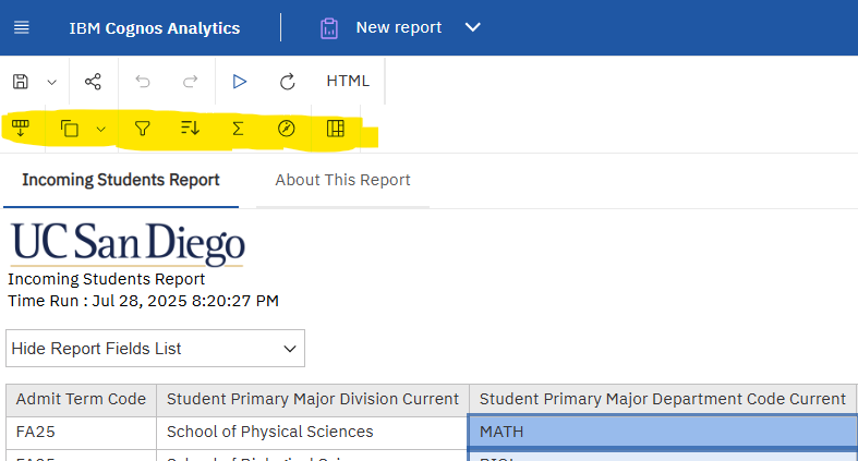 Image shows the report consumer control panel in cognos where the user can customize sorting and filtering.